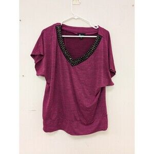 AB Studio Blouse Top Large L Bead V-Neck Short Sleeve Raspberry Red Knit Stretch